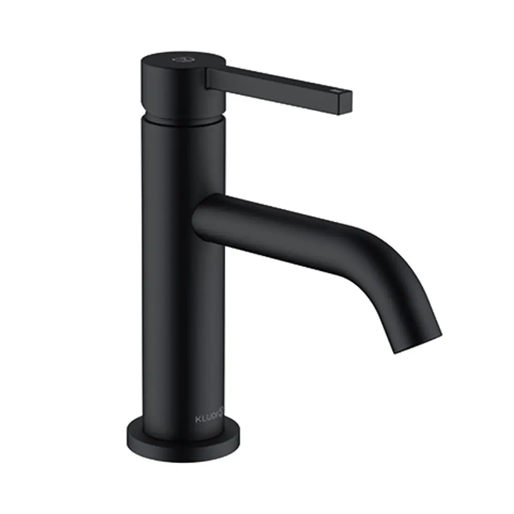 Schwarzer Waschtischarmatur-Hahn von Kludi mit einem geraden Auslauf und einem Hebel zur Temperatur- und Durchflussregulierung. Minimalistisches Design ohne sichtbare Verzierungen.